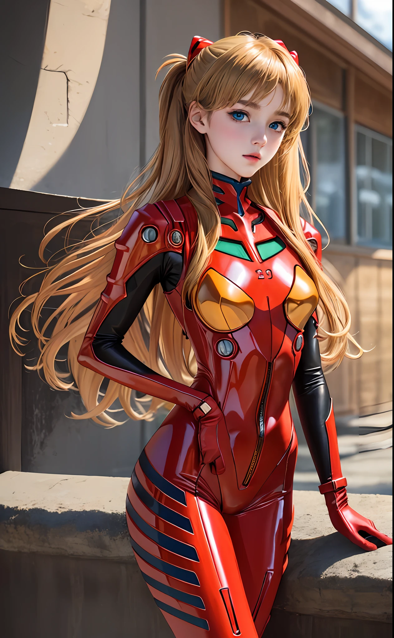 (Masterpiece: 1.4, highest quality), (intricate details), Unity8k wallpaper, super detailed, beautiful and mysterious, detailed background, realistic, solo, perfect detail face, detailed blue eyes, very detailed, blush, hair ornament, chignon mahogany hair, (blonde hair), plug suit 02,Shikinami Asuka Langley, Evangelion, slender 15-year-old girl, thin beautiful thighs, young face, clean eyes, detailed crotch line, show crotch clearly, full body suit, red tinted sea