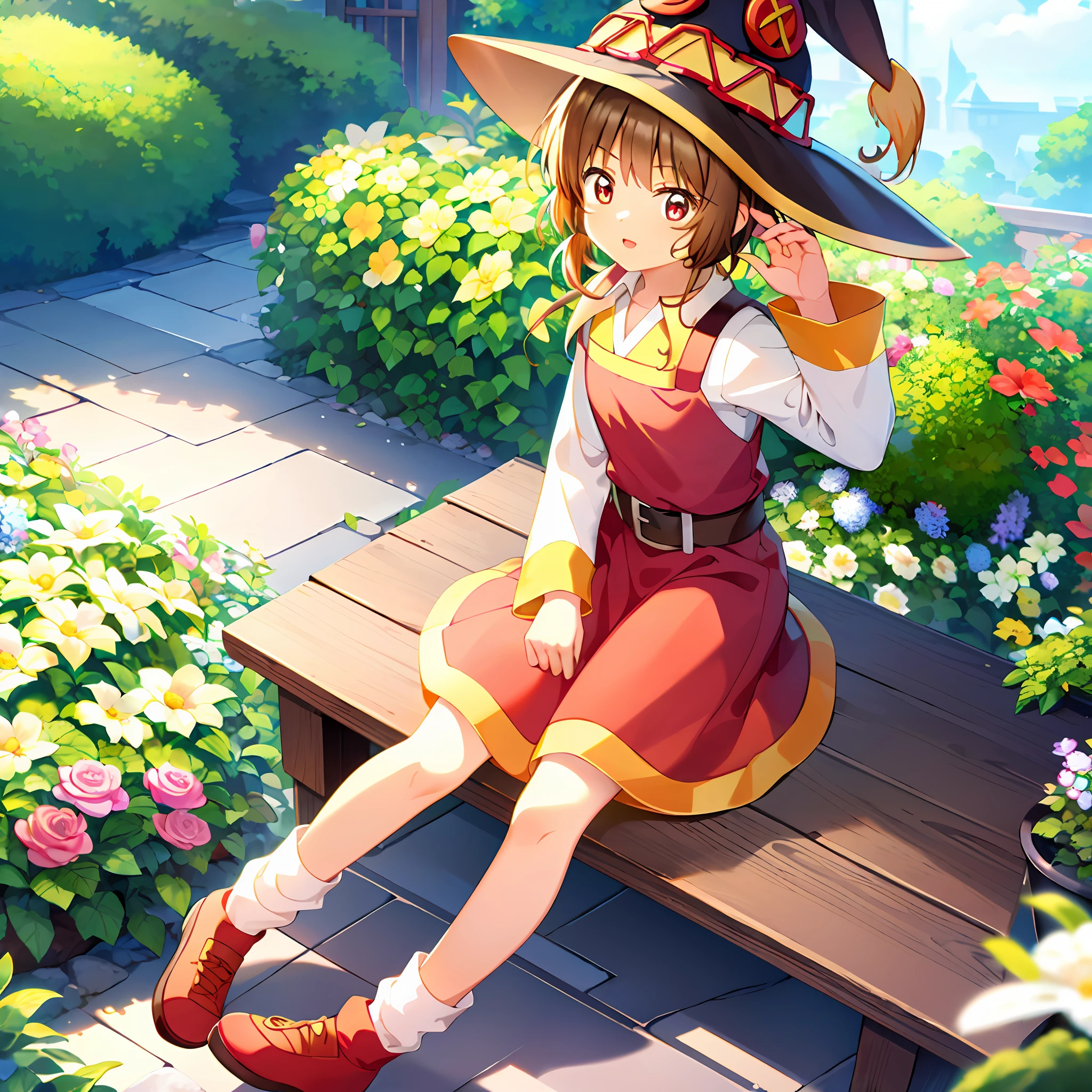 masterpiece, best quality, 1girl, solo, megumin_konosuba, short hair, black hair, straight caelo, red eyes, pinafore dress, garden, socks, two sides up,