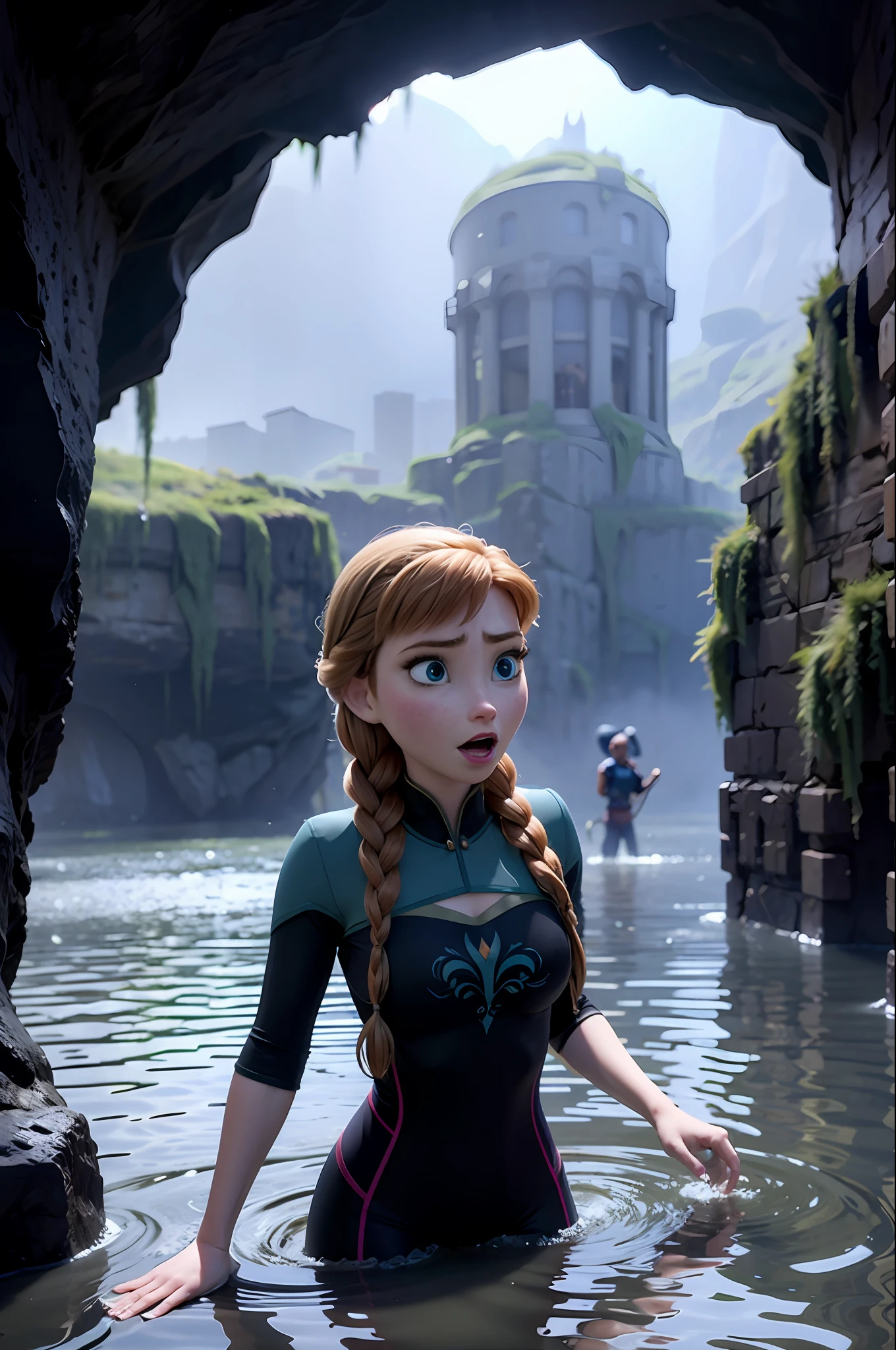 Photo of Anna of Arendelle wearing Blue gym outfit,  immobilized in the air by tentacles, in a scary flooded cavern , not enjoying herself, sad look, ashamed