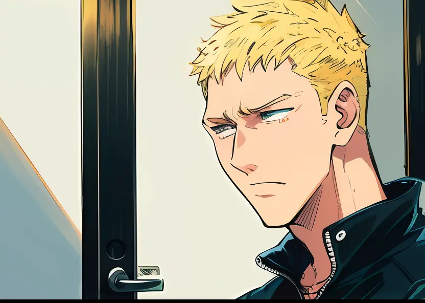 a close up of a person in a black jacket, door, blonde hair, slanted eyes, sleepy eyes, color manga, manga color, color manga, c...