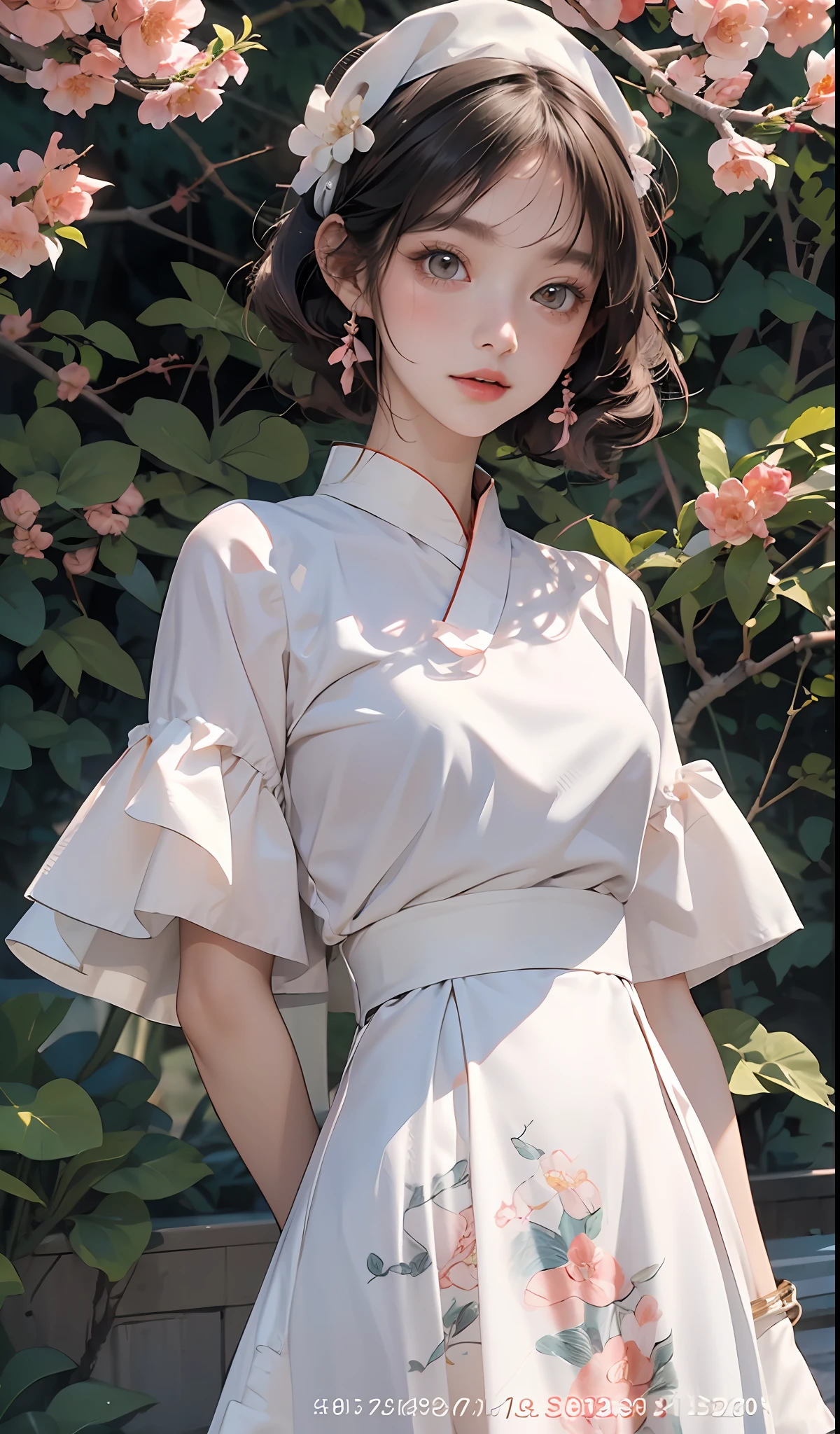 There is a girl in a short green dress, plum blossoms, oriental architecture ray tracing, best quality, masterpiece, extremely detailed 8K wallpaper, colorful, intricate details, cold white skin, (meticulously portrayed blush), soft cute, messy beauty, bright and silky skin, beautiful eyes, peach blossom eyes, an extremely delicate and beautiful girl, white skirt, upper body,