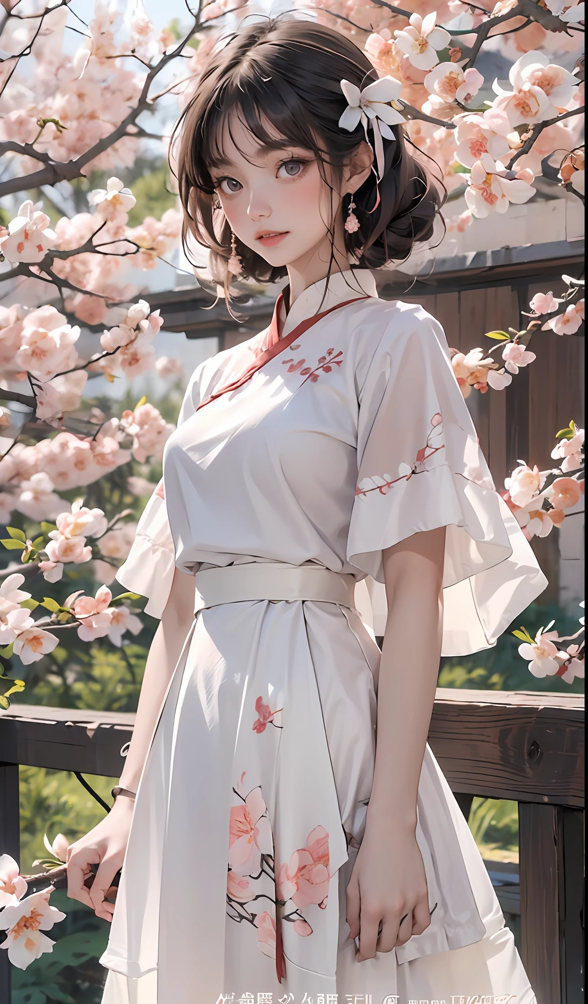 There is a girl in a short green dress, plum blossoms, oriental architecture ray tracing, best quality, masterpiece, extremely detailed 8K wallpaper, colorful, intricate details, cold white skin, (meticulously portrayed blush), soft cute, messy beauty, bright and silky skin, beautiful eyes, peach blossom eyes, an extremely delicate and beautiful girl, white skirt, upper body,