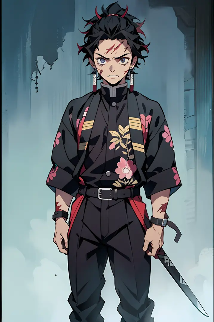 Kimetsu no yaiba style, demon slayer uniform, 1boy, male focus, scar on face, weapon, scar, earrings, teeth, jewelry, pants, sca...