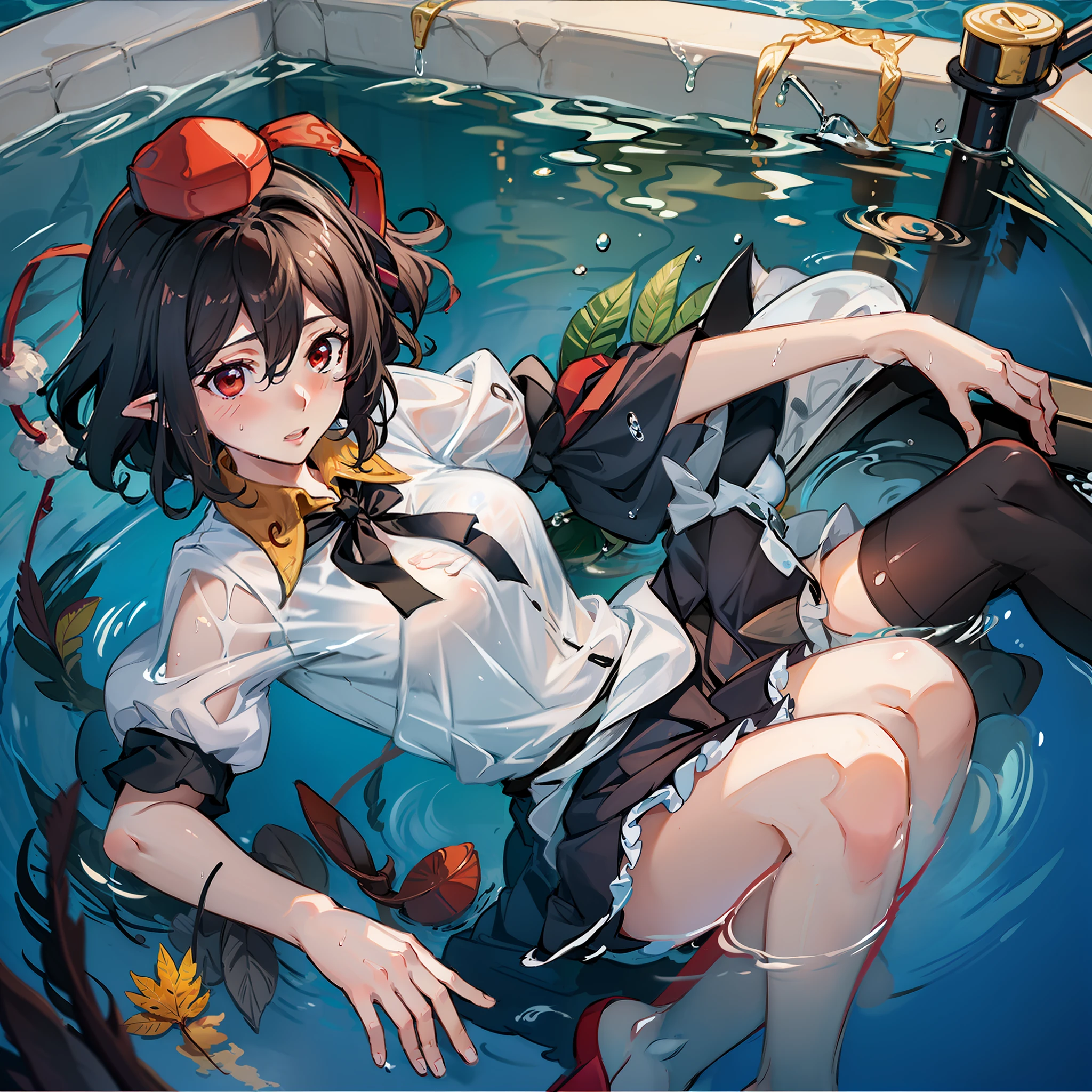 a female anime character laying in a big tub with bubbles coming out of the faucett, 1girl, shameimaru aya, red eyes, breasts, hat, tokin hat, solo, partially submerged,, black hair, blush, short hair, bathing, pom pom (clothes), red headwear, wet, water, steam, from side