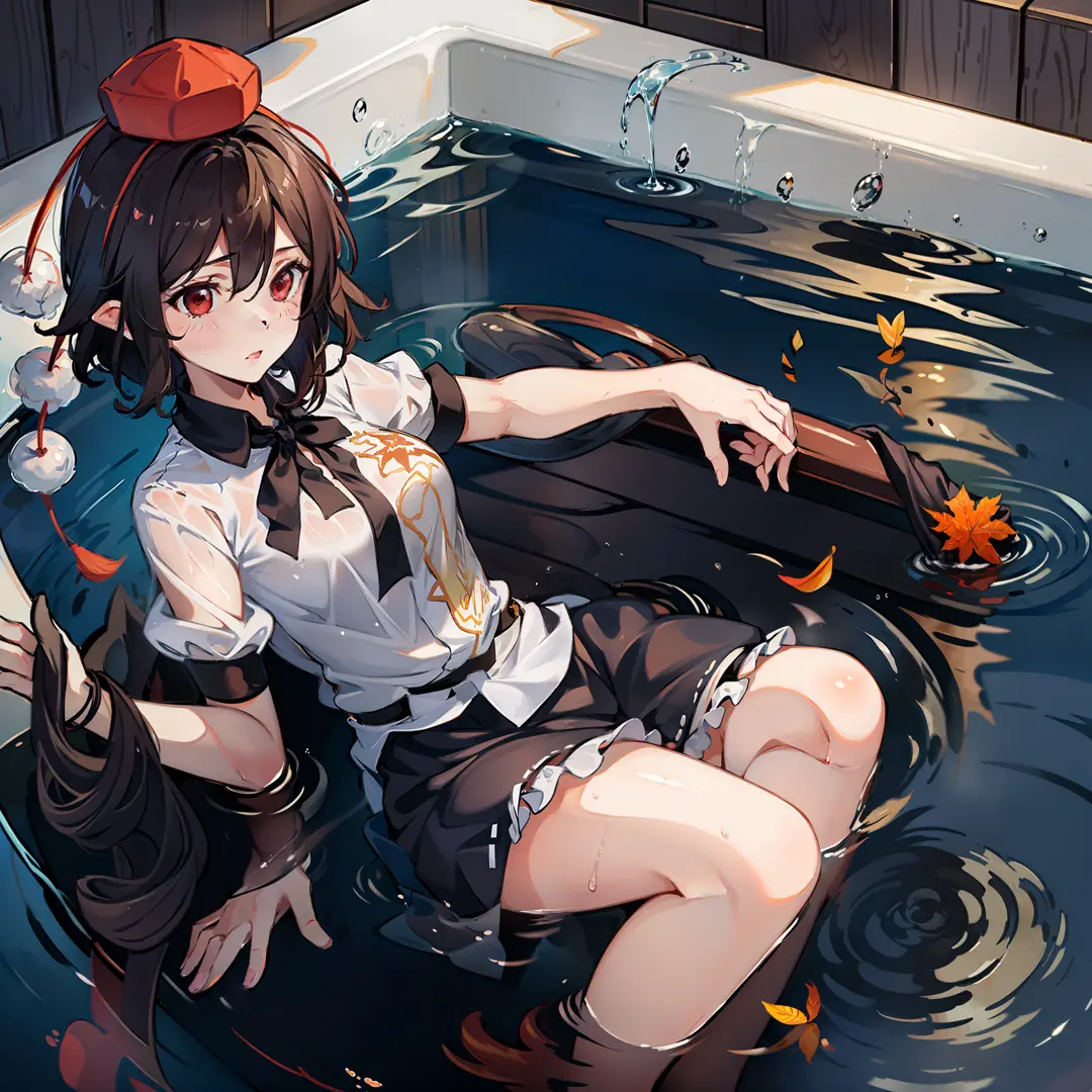 a female anime character laying in a big tub with bubbles coming out of the faucett, 1girl, shameimaru aya, red eyes, breasts, h...