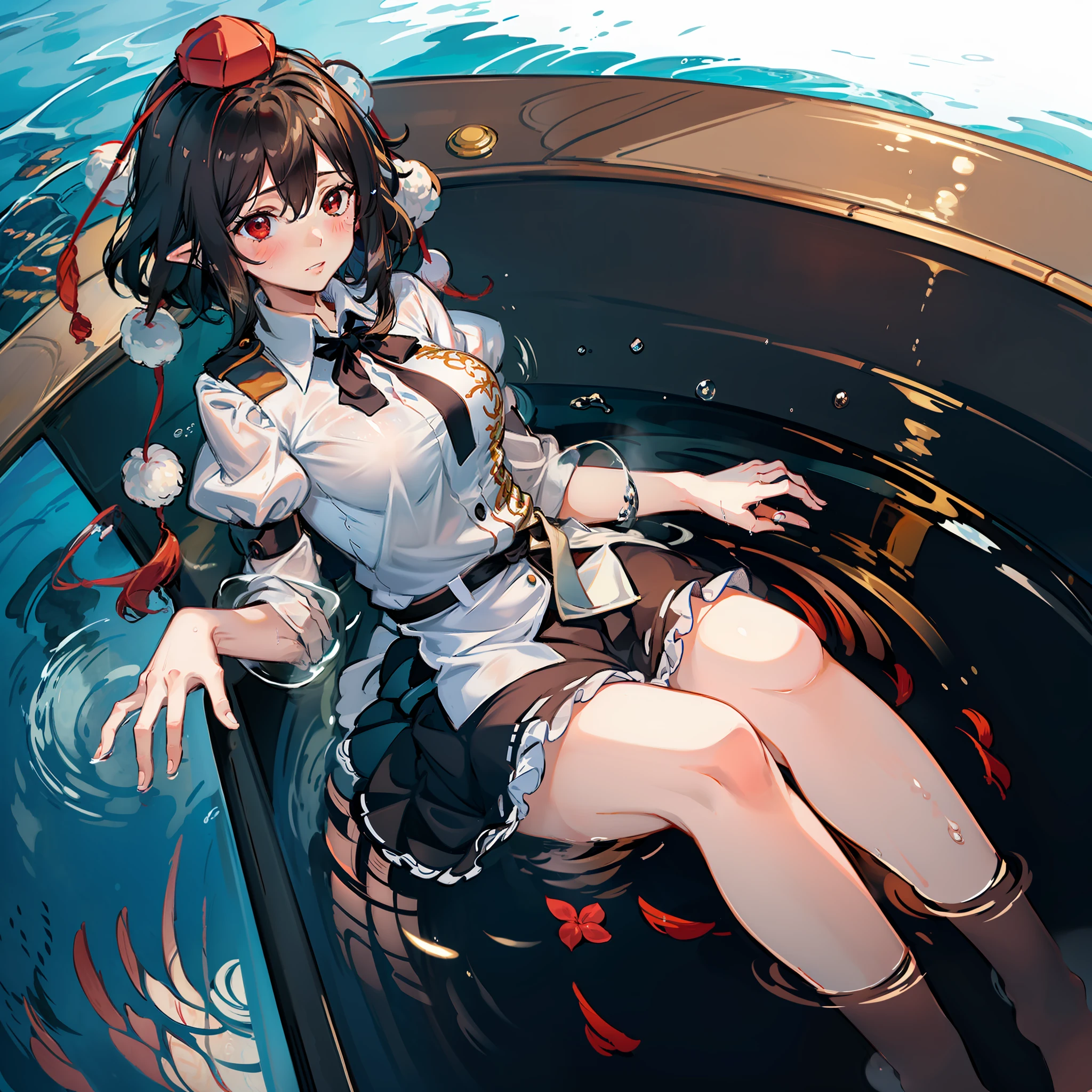 a female anime character laying in a big tub with bubbles coming out of the faucett, 1girl, shameimaru aya, red eyes, breasts, hat, tokin hat, solo, partially submerged,, black hair, blush, short hair, bathing, pom pom (clothes), red headwear, wet, water, steam, from side