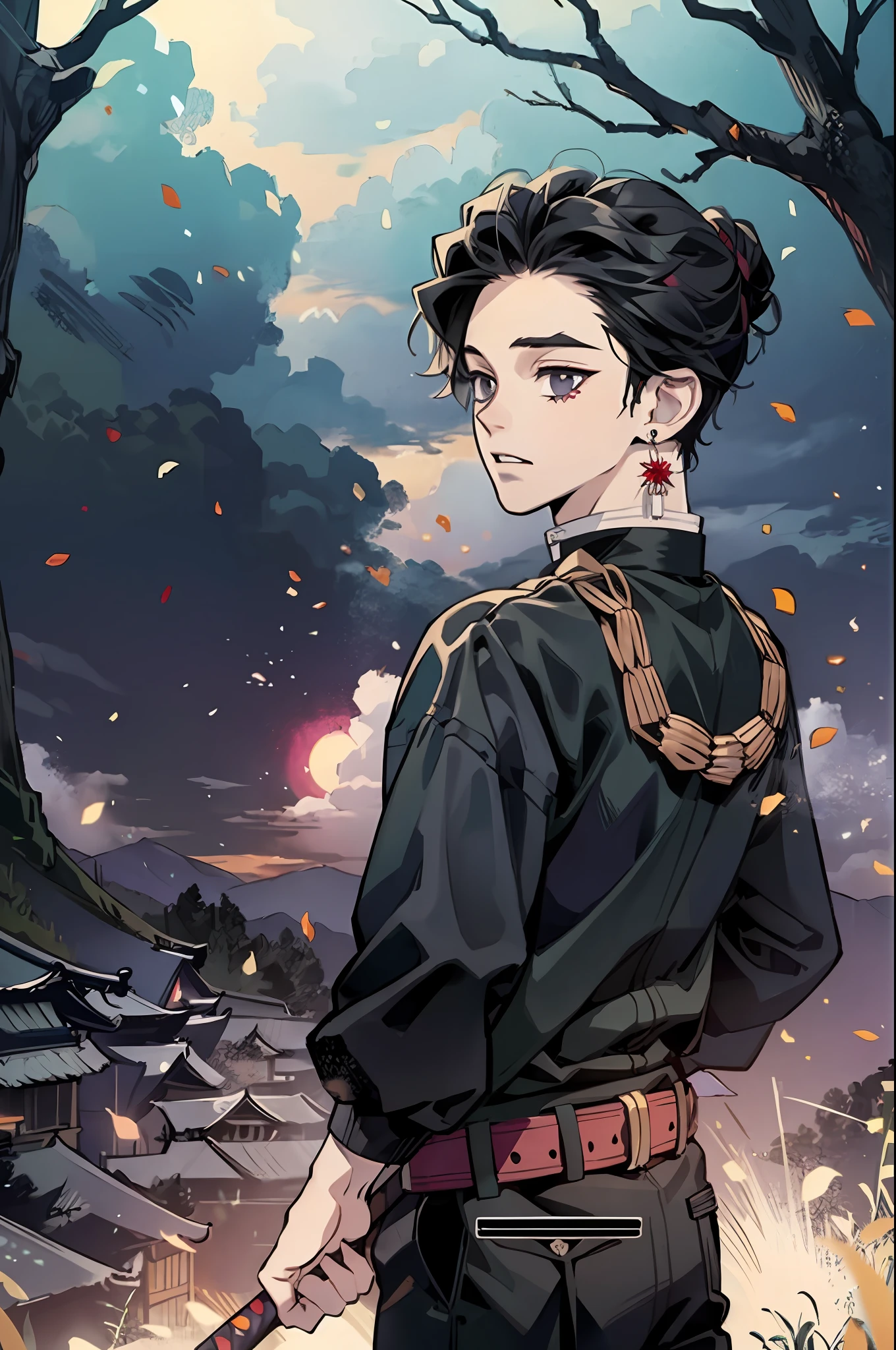 Kimetsu no yaiba style, forest back ground, moonlight, moonlight on character, moonlit character, flower foreground, demon slayer uniform, 1boy, male focus, scar on face, weapon, scar, earrings, teeth, jewelry, pants, scar on forehead, long black hair, belt, black pants, japanese clothes, haori, black haori, solo, black sharp eyes, long sleeves, anime coloring, (((masterpiece)), melancholy face,