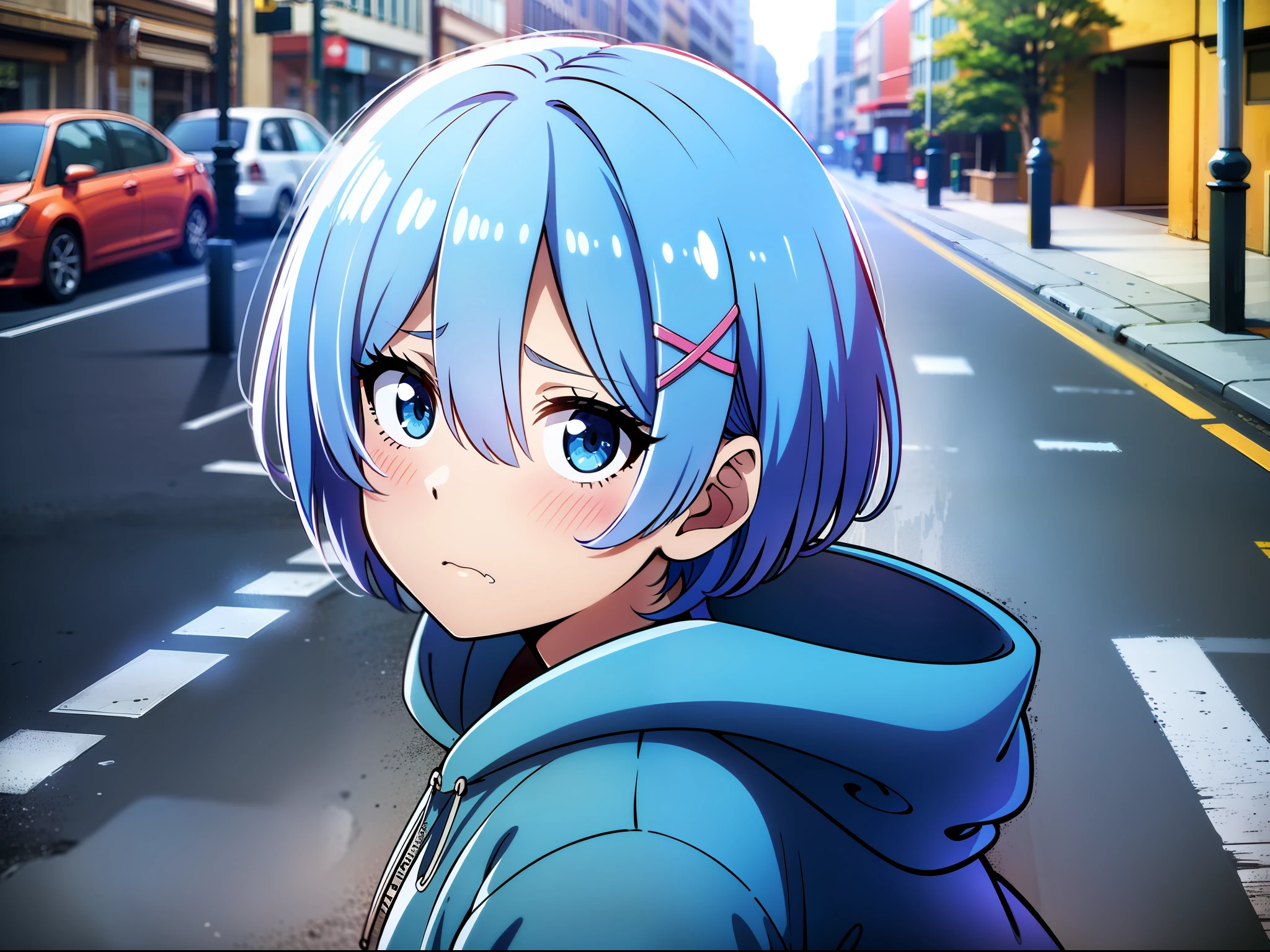 Masterpiece, extreme close up, rem rezero, blue eyes, sad face, look down, blue hoodie, in the middle of the street,