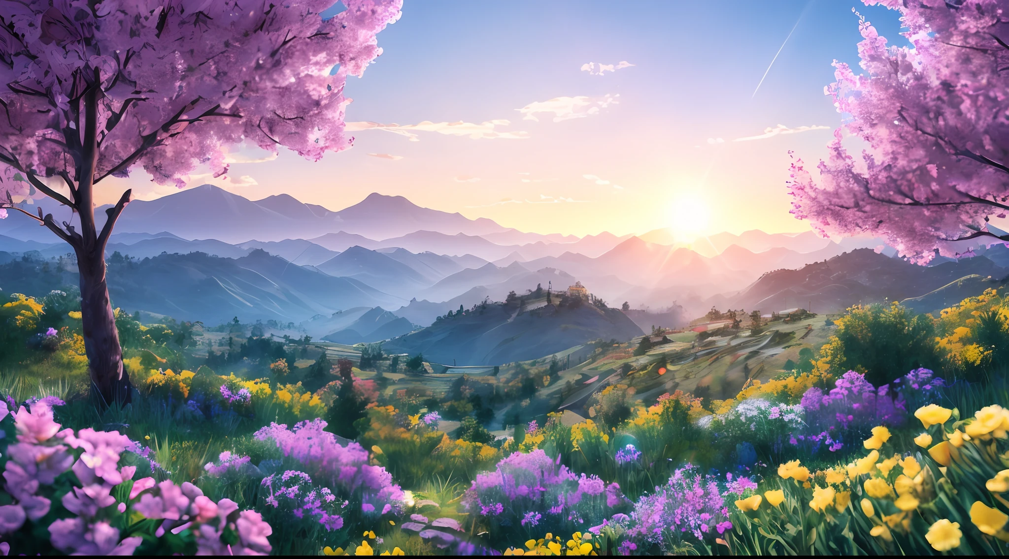 valley of flowering mountains, hills, plains with flowers trees with fruits, rays of light descending from the sky, masterpiece, high quality, high quality, highly detailed CG 8k wallpaper unit, award-winning photos, bokeh, depth of field, HDR, bloom, chromatic aberration, realistic, very detailed, trend in artstation, trend in CGsociety, complex, high detail, dramatic, art in the middle of the journey,  Volumetric lighting