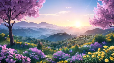 valley of flowering mountains, hills, plains with flowers trees with fruits, rays of light descending from the sky, masterpiece,...