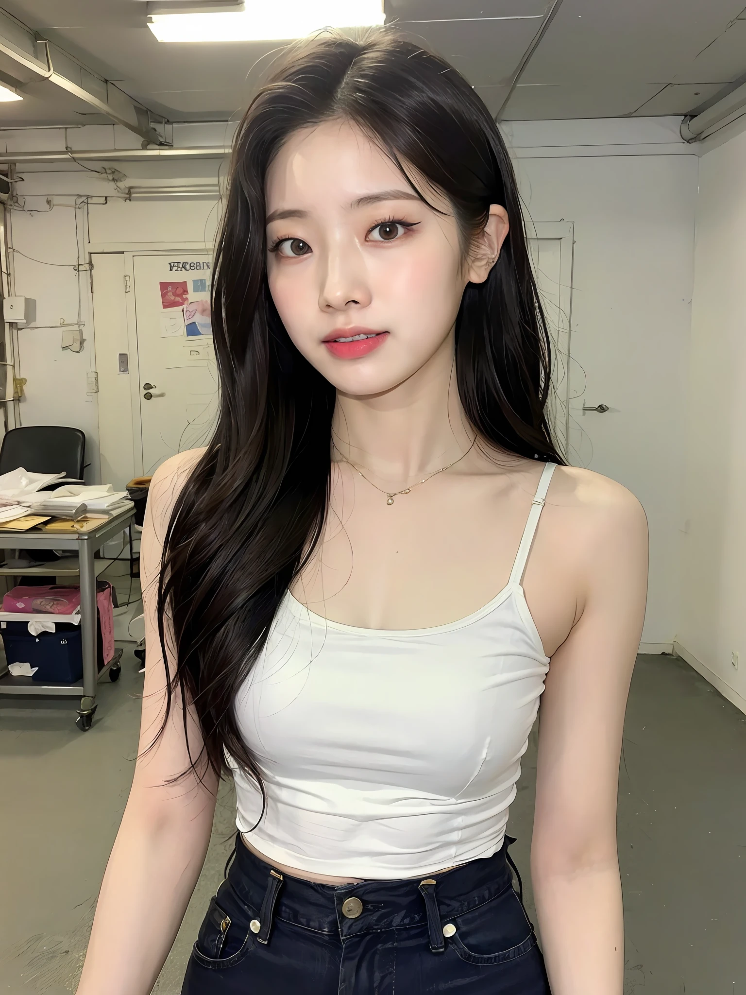 ((Best Quality, 8k, Masterpiece: 1.3)), Photorealistic, Sharp Focus, High Quality, High Resolution, Portrait, Solo, Japan Person,, Beauty, 2, Plump, Wavy Hair, Bra, Trousers, Wrinkles at the corners of the eyes, Messy room, Scrap paper, Dirty floor, Tissue, Tablets, Messy room, Tattered house,