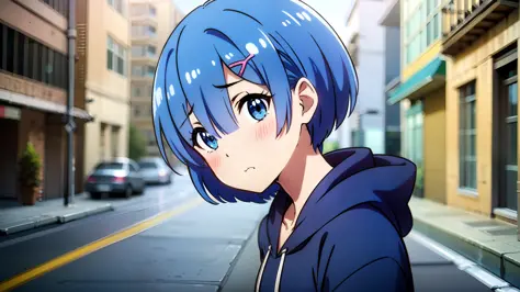 masterpiece, rem rezero, blue eyes, sad face, look down, blue hoodie, in the middle of the street, close up, portrait,