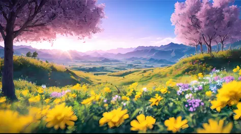 valley of green mountains, hills, plains with flowers trees with fruits, rays of light descending from the sky, masterpiece, high quality, high quality, highly detailed CG 8k wallpaper unit, award-winning photos, bokeh, depth of field, HDR, bloom, chromati...