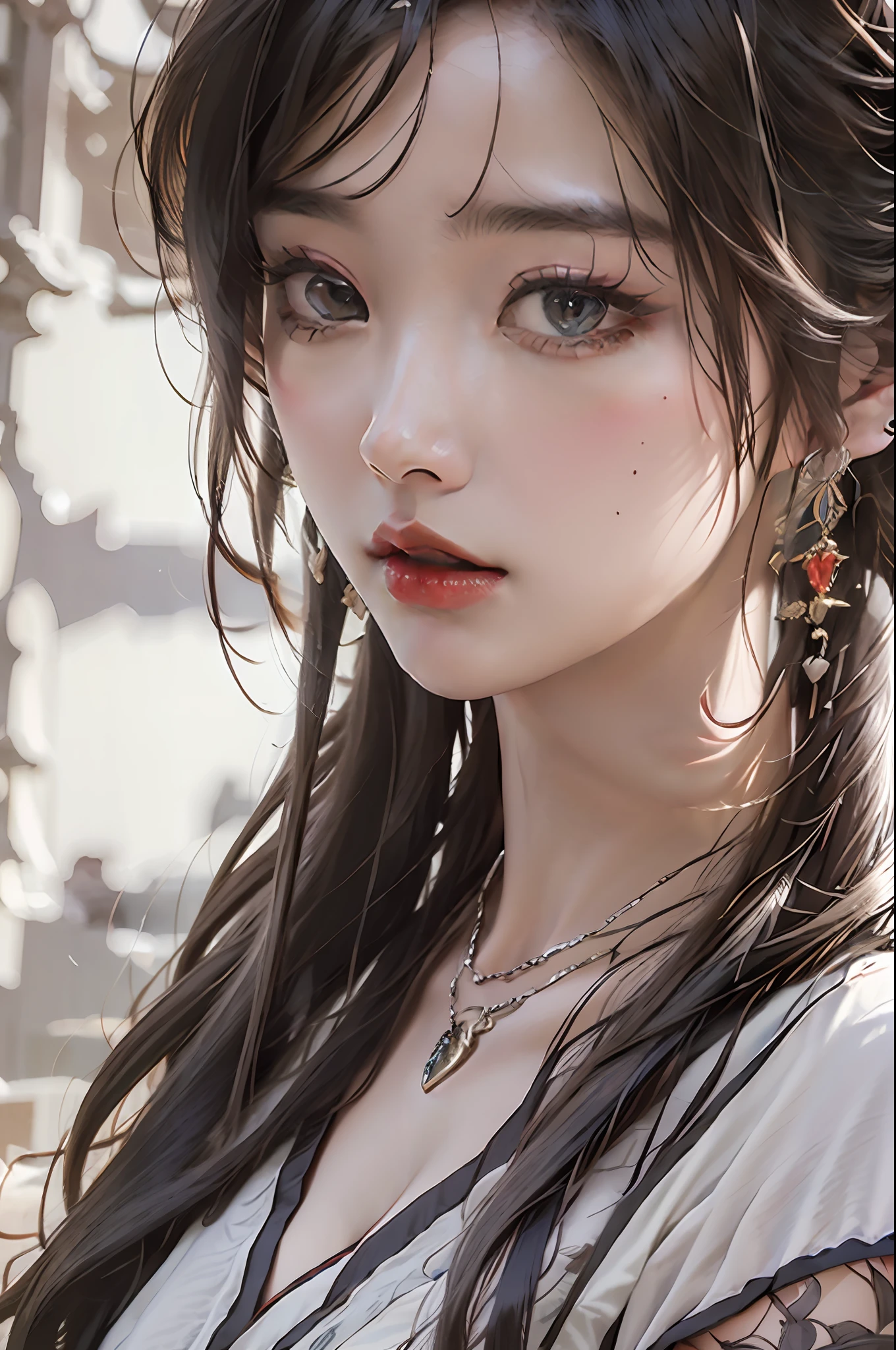(Masterpiece, Monochrome, Colorful: 1.0), (Maximum Quality: 1.2), (Ultra High Quality: 1.1), Masterpiece, Best Quality, (Very Detailed CG Unity 8k Wallpaper), (High Detailed), (Best Illustration), ( Best Shadow), Realistic Lighting, costume girl,portrait of a girl, gauze skirt,jewelry, Red Lips, Beautiful, Big Eyes