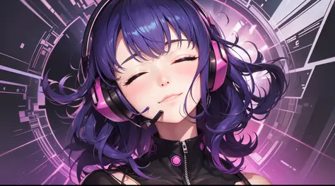 Ninja woman with peace sense headset, closed eyes, beautiful face, RGB colors, bright purple hair, anime, bright background, banner for youtube video, happy girl, clouds with RGB colors, bright RGB colors, full.