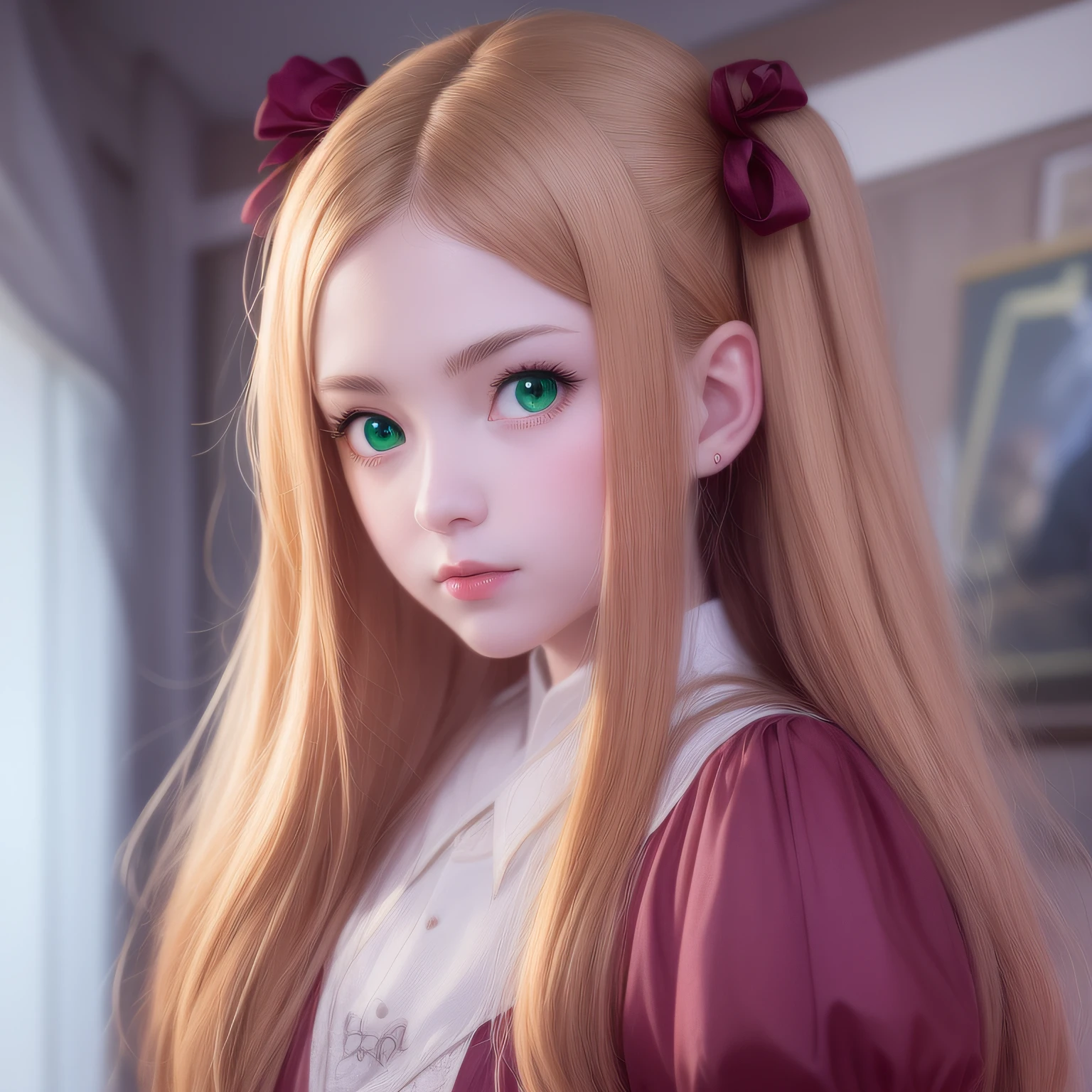 Anime girl with blonde hair and green eyes in a dress, blonde anime girl with long hair, detailed digital anime art, detailed portrait of anime girl, , portrait of an anime girl, painted in anime painter's studio, Blonde - Princess Hair, very high quality, 8k, axe, rosy cheeks.