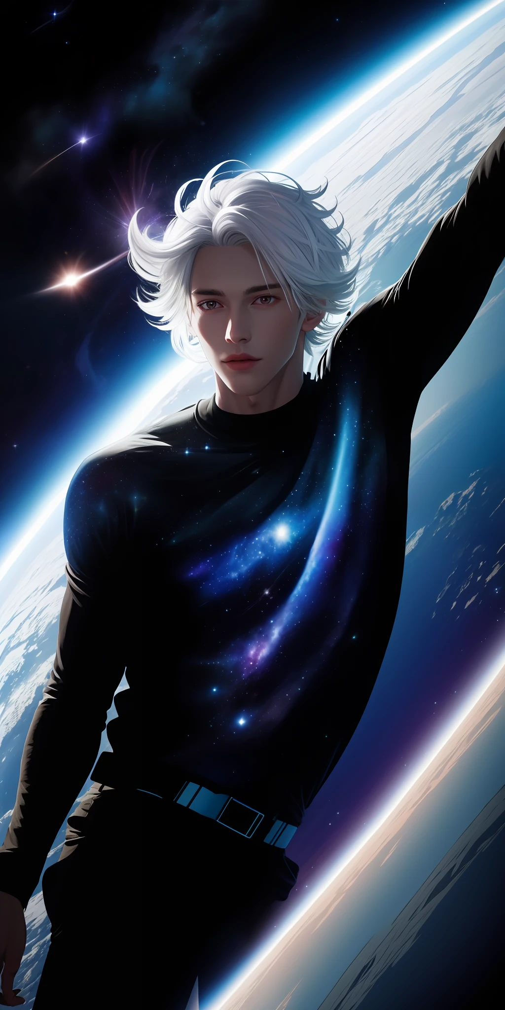 8k, best quality, masterpiece, 1boy, man made of space, celestial being, looking at galaxy in palm, pose, glowing eyes, in space, skin made of space, white hair,