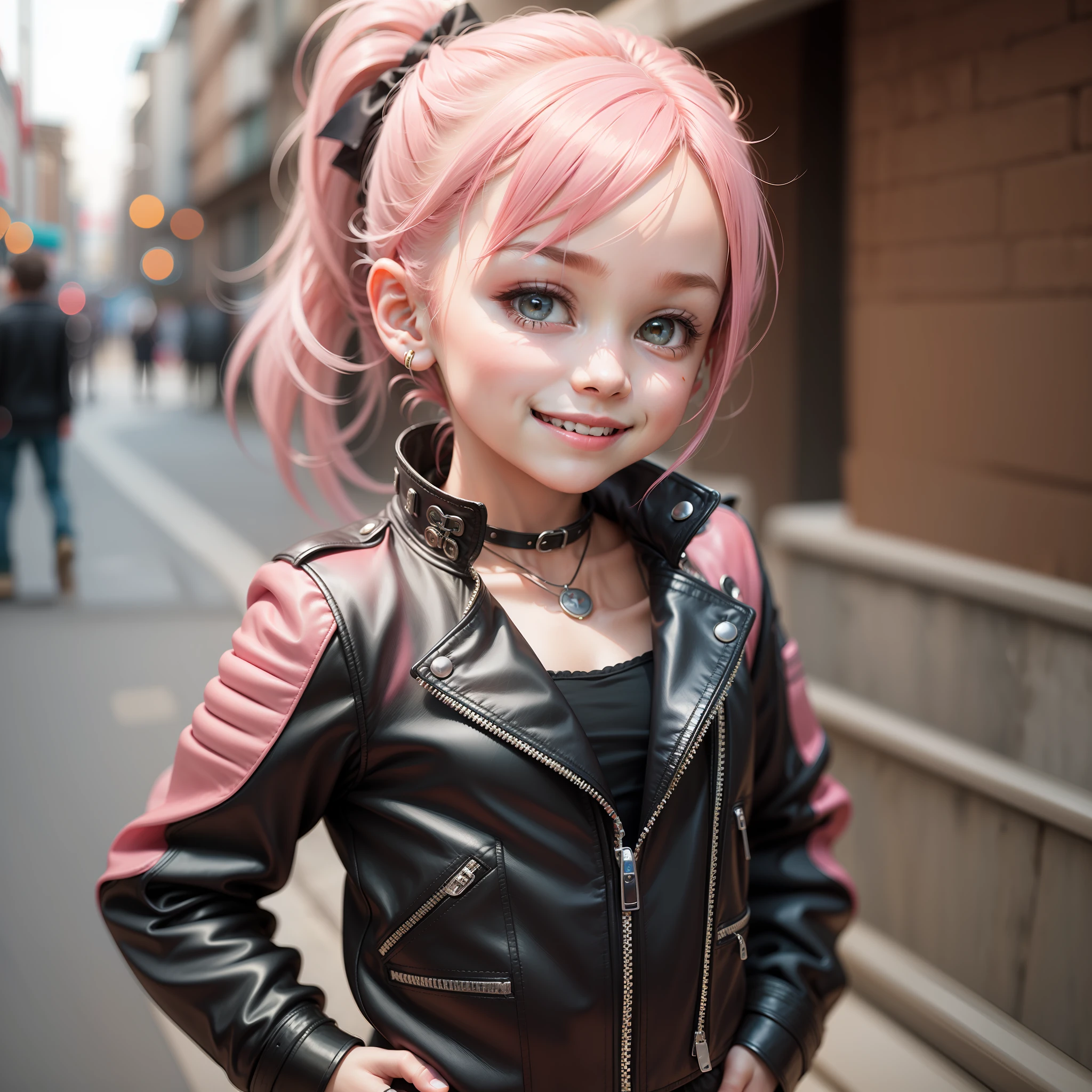 Little Girl Kids Skin Leather Jacket Pink Hair Ponytail Smile Top Quality  Masterpiece - SeaArt AI