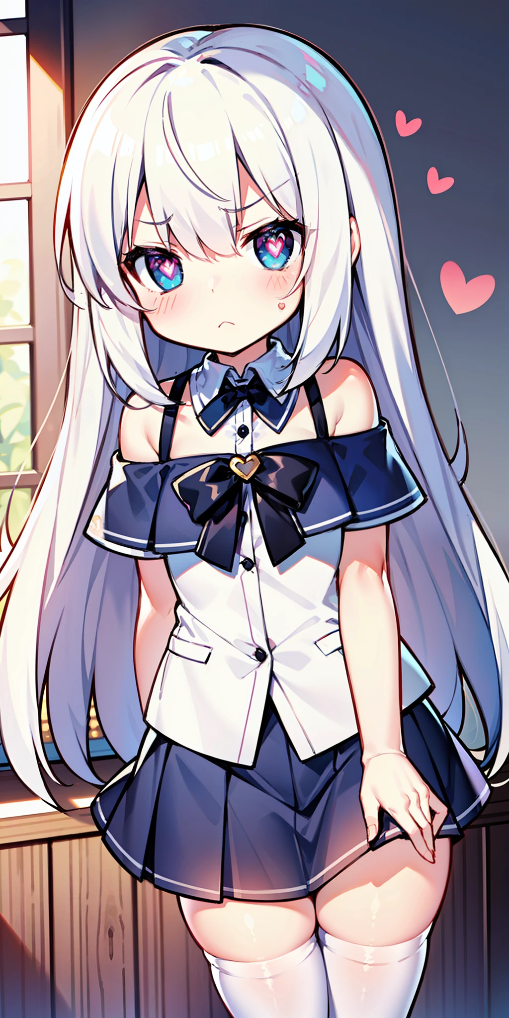 Loli, long hair, cute, white stockings, heart-shaped pupils, solo, off-the-shoulder, skirt, white hair, indoor, frown