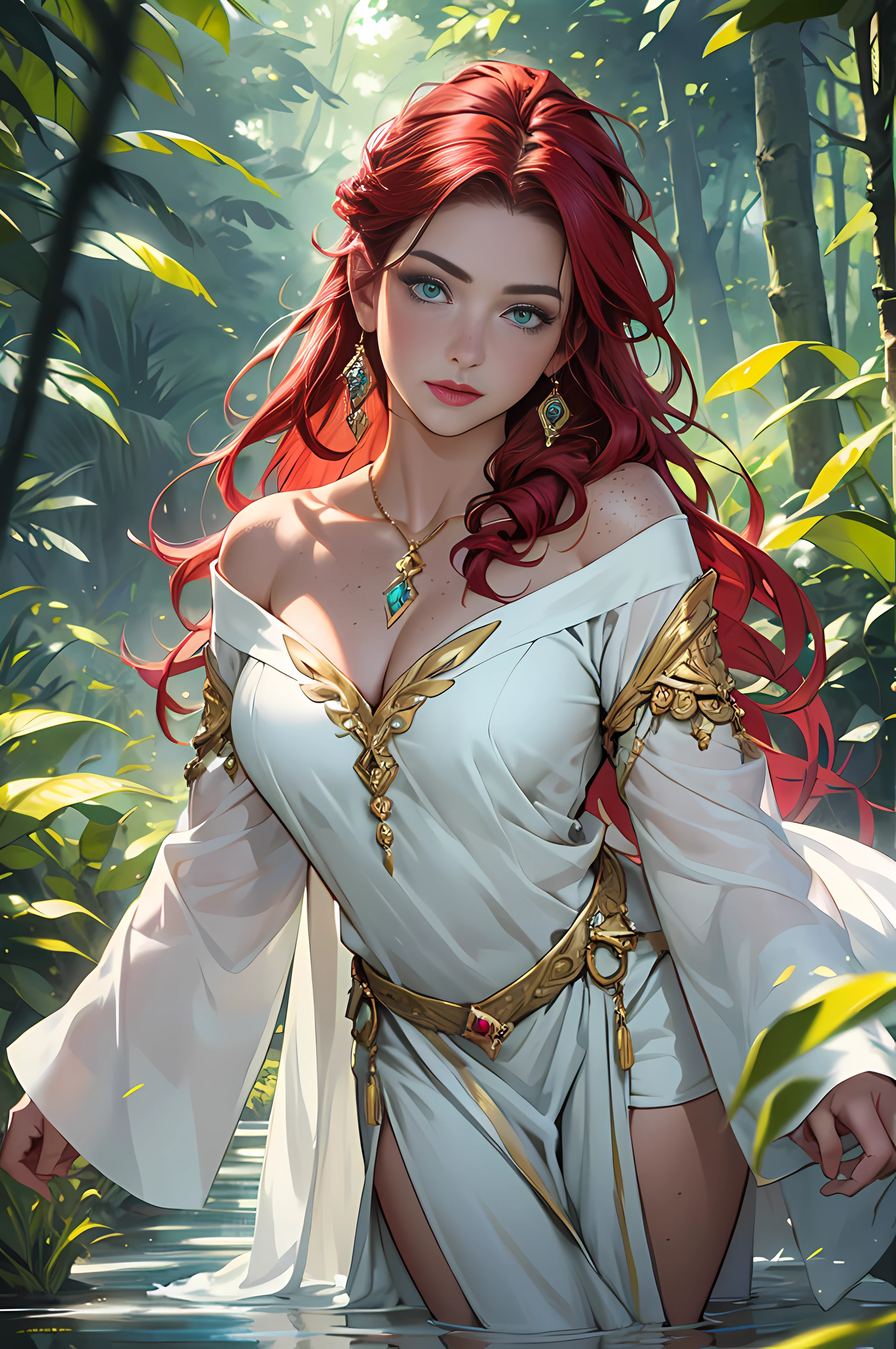 A woman with red hair and a white dress in a forest - SeaArt AI