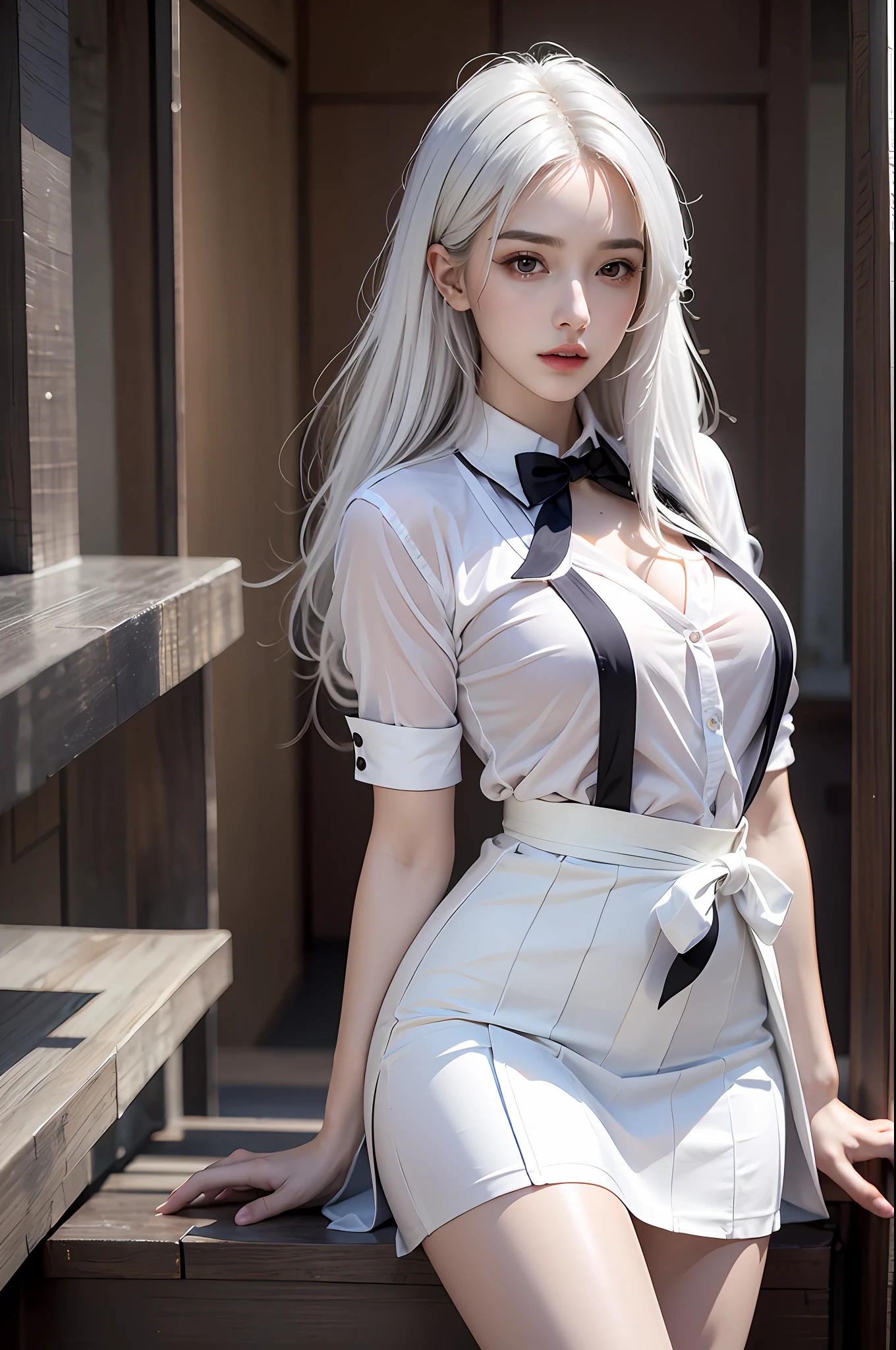 Best quality, masterpiece, ultra high res, (photorealistic:1.4), raw photo, (perfect body shape), 1girl, white hair, waist up, solo, school uniform, skirt