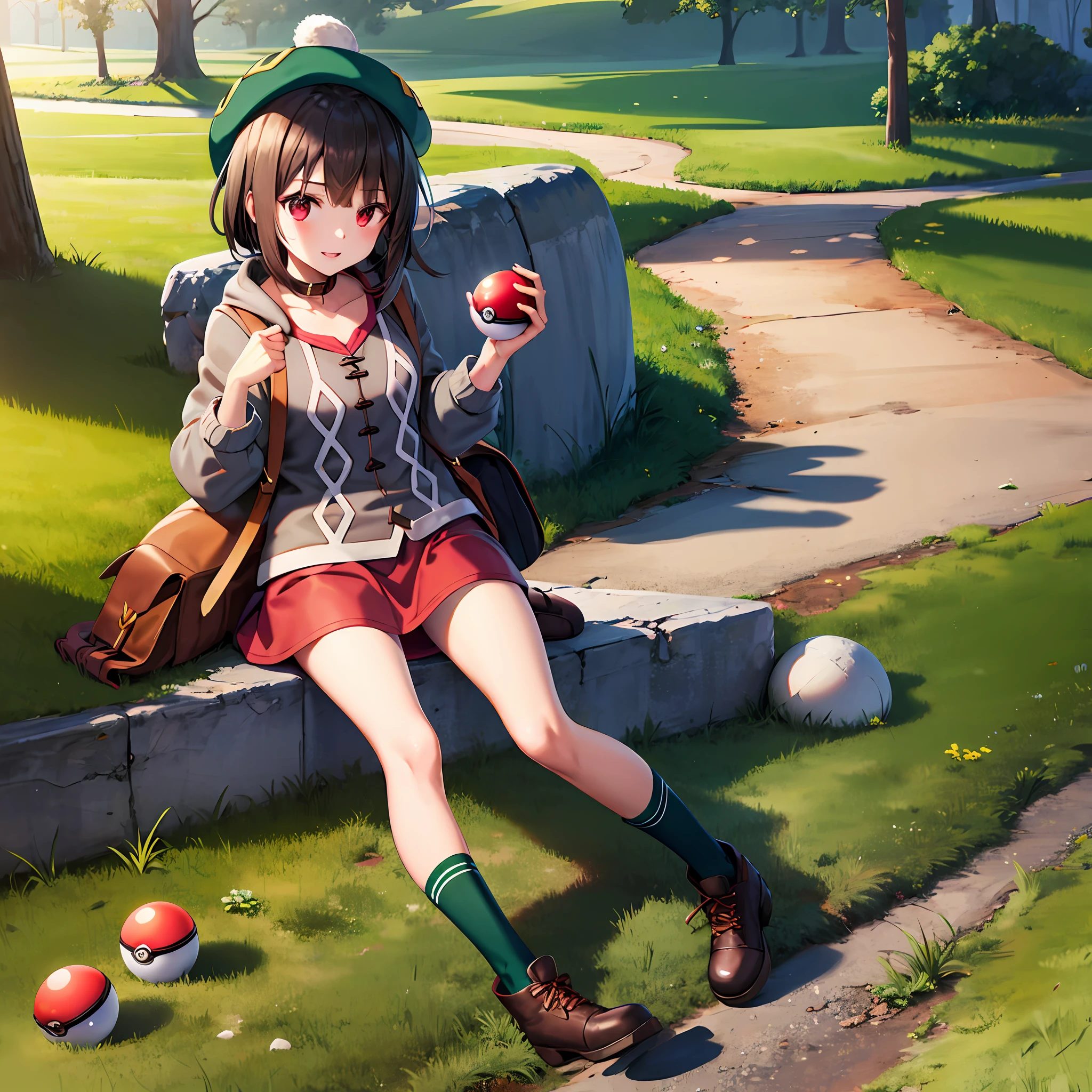 masterpiece, best quality, highres, megumin1, 1girl, megumin\(konosuba\), poke ball\(basic\), black hair, solo, holding poke ball, backpack, red eyes, tam o' shanter, gray cardigan, pink dress, short hair, straight hair, green socks, socks, brown bag, long sleeves, collar dress, field, grass, full body, boots,