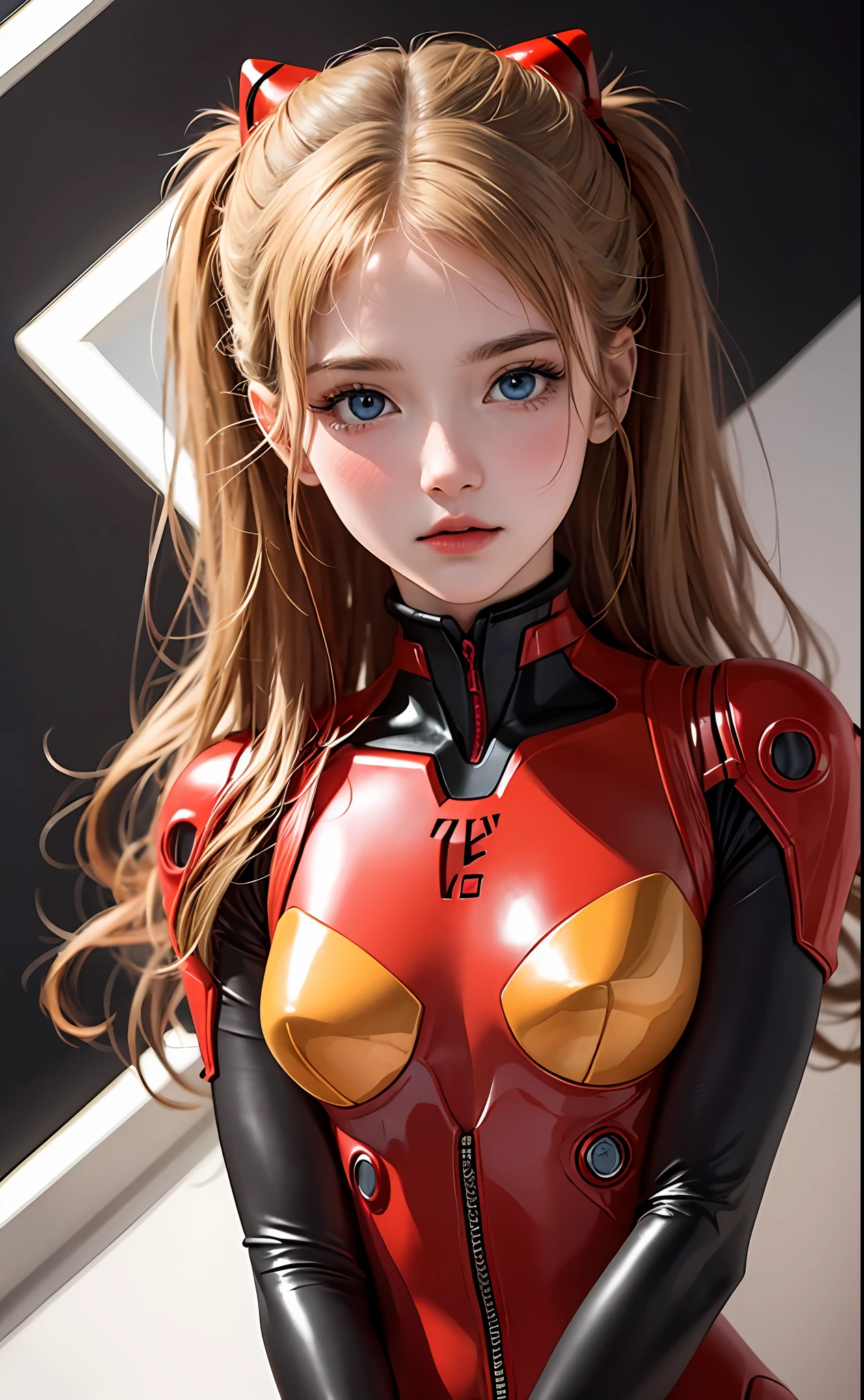 (Masterpiece: 1.4, top quality), (intricate details), Unity8k wallpaper, super detailed, beautiful and mysterious, detailed background, realistic, solo, perfect detail face, detailed blue eyes, very detailed, blush, hair ornament, chignon mahogany hair, (blonde hair), plug suit 02,Shikinami Asuka Langley, Evangelion, slender 15-year-old girl, full body suit, black background