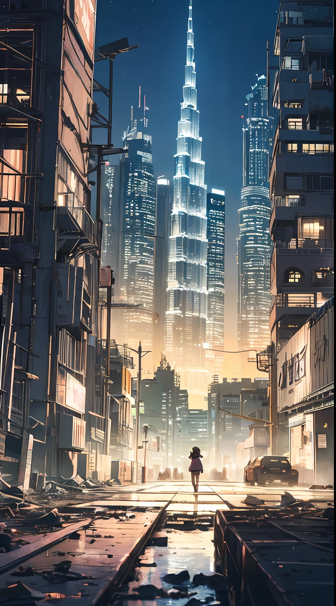 A ray of hope in a dystopia, a little girl lost in the dark city of Dubai, the shadow of a little girl's back in the back of the center of the screen, a very complex cityscape, a devastated world, a pulling composition, industrial,