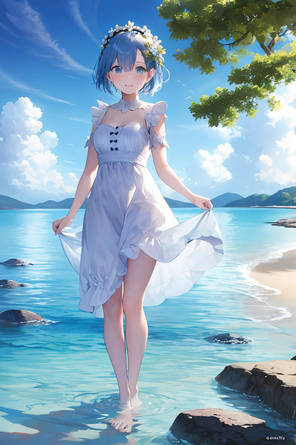 (masterpiece, top quality), crystal clear and beautiful standing in the sea, full body, barefoot, feet on the sea, amazing view, sunny, one girl, hands under chin, warm lighting, white dress, light blue hair, short hair, blue eyes