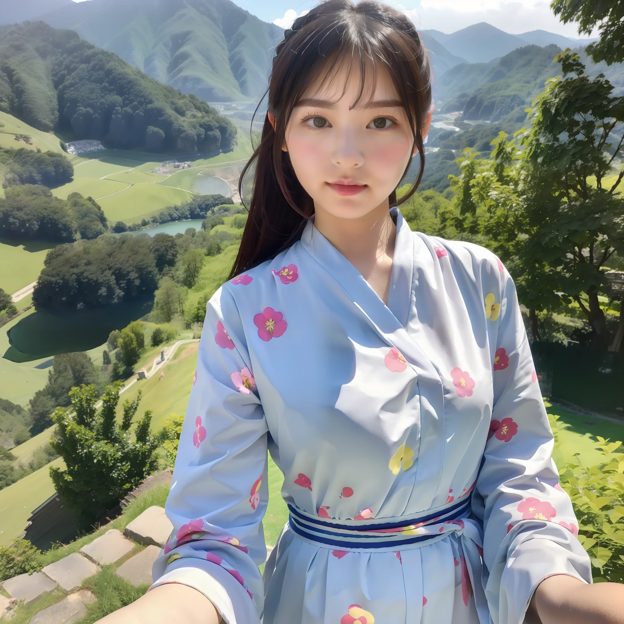 There is a young girl with black hair, Japan, taking a selfie with the mountains of Nara Prefecture in the background, her face is beautiful and 20 years old, she is wearing a white thin yukata studded with Sanrio characters such as Hello Kitty and Maimero and Kuromi-chan. The afternoon light warmly illuminates her and the mountains. Small breasts, Best quality, Realistic, Photorealistic, Best quality, Masterpiece, Very delicate and beautiful, Very detailed, Fine detail, Ultra detail, High resolution, Very detailed, Realistic, Ultra high definition, Best quality, Ultra high definition, High quality textures