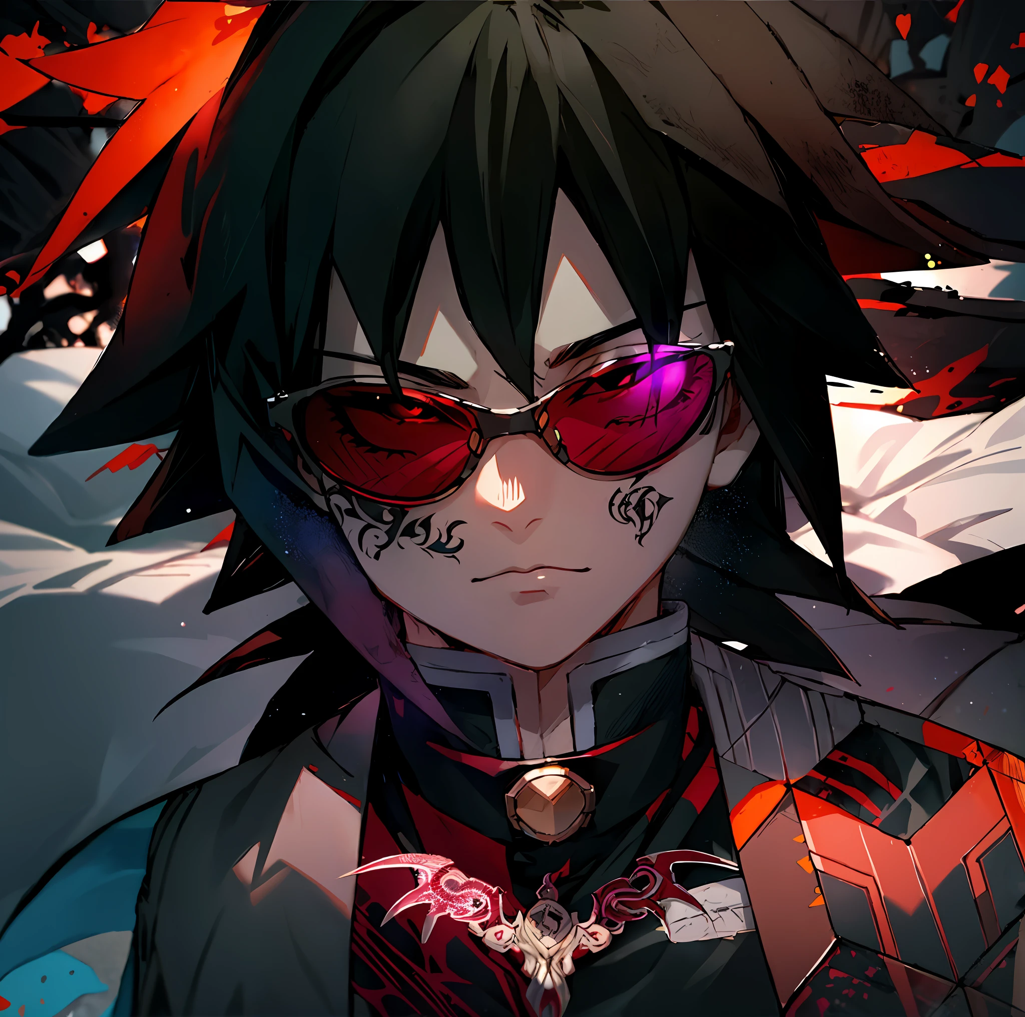 ein tätowierter männlicher Anime-Charakter mit Sonnenbrille und Jacke, Giyu Tomioka von Demon Slayer.