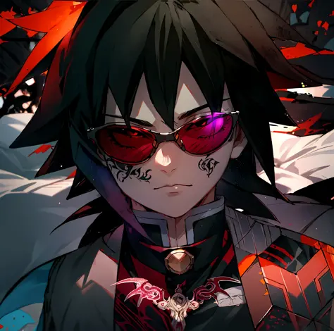 a tattooed male anime character with sunglasses wearing a jacket, Giyu Tomioka of Demon Slayer.