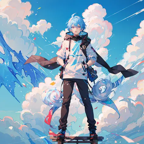 anime boy with blue hair and a white jacket standing on a platform, anime art wallpaper 8 k, anime art wallpaper 4 k, anime art ...