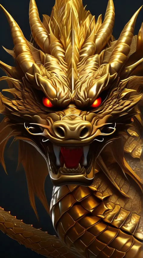 A golden Chinese dragon, five-clawed golden dragon, slender dragon whiskers, red eyes glowing with sharp dragon teeth, perfect close-up of dragon head, coiled dragon, front face centered, full body golden dragon scales, flying dragon in the sky, full body ...
