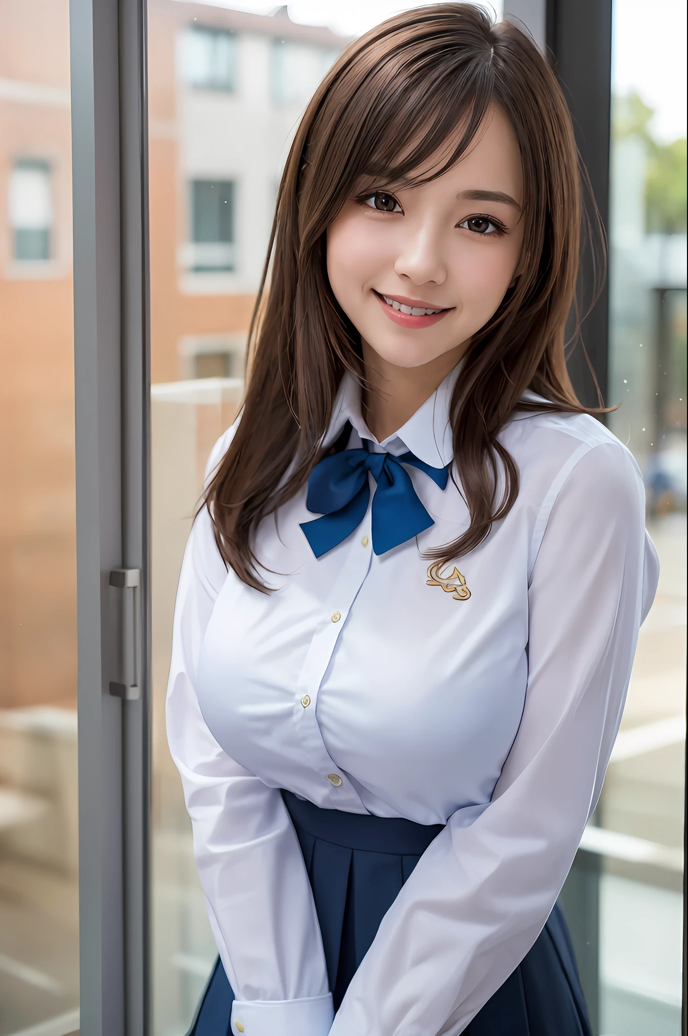 1 girl, mature woman, cute school uniform, photo, realistic, top quality, adopted, detailed face, smile: 1.5, brown hair, office, building from window, detailed background, diffused sunlight, depth of field, bokeh, face when with someone you like, big and disturbing breasts: 1.5, perfect body