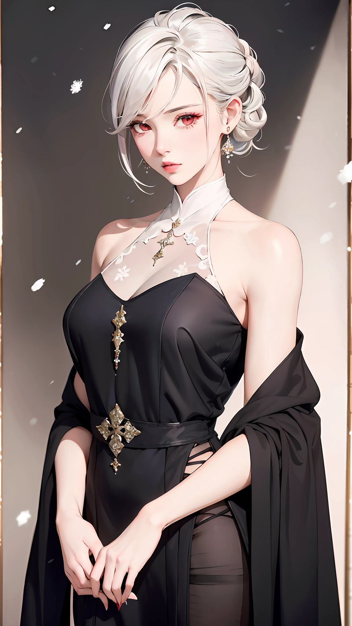 Masterpiece, Superb 1 Woman, Long Black Dress, Ink Painting, Mature Woman, Woman with Short Silver and White Hair, Hair Over Shoulder, Pale Pink Lips, Indifference, Seriousness, Bangs, Assassin, White Clothes, Facial Details, Correct Proportions, This painting was created in the Guweiz style and depicts an oil painting of a woman with short hair. The entire painting features a palette of white and black. The woman's face is very realistic female faces, which are loved by the audience. Presented in a meticulous drawing style. The women's white hair is like snow, the eyes seem to be full of watery red eyes, exuding a mysterious atmosphere, the women are dressed in elegant and exquisite clothing, and the whole painting shows a high degree of skill.