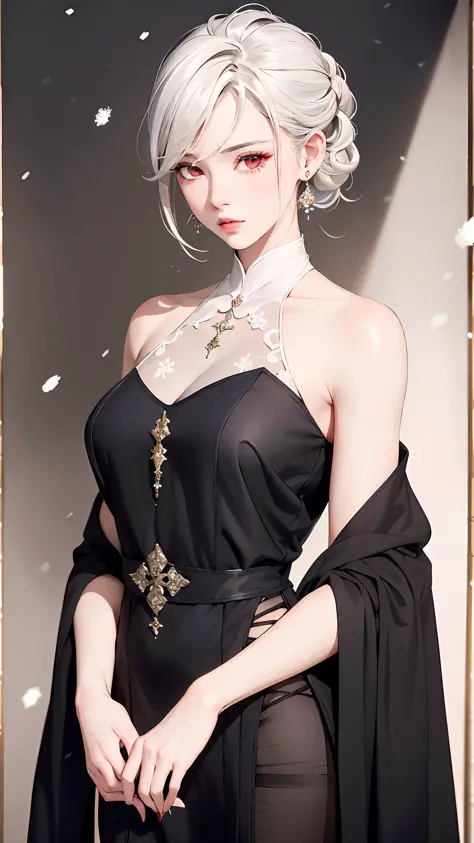 Masterpiece, Superb 1 Woman, Long Black Dress, Ink Painting, Mature Woman, Woman with Short Silver and White Hair, Hair Over Shoulder, Pale Pink Lips, Indifference, Seriousness, Bangs, Assassin, White Clothes, Facial Details, Correct Proportions, This pain...