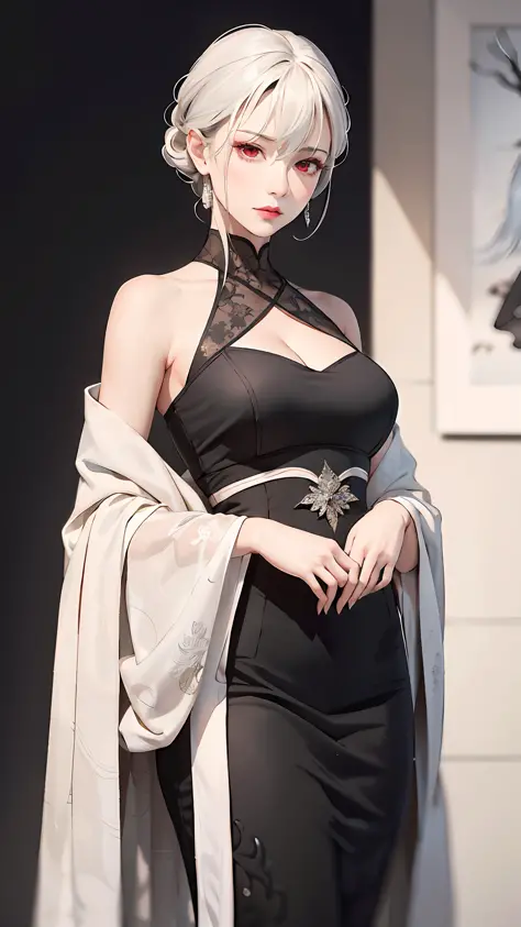 Masterpiece, Superb 1 Woman, Long Black Dress, Ink Painting, Mature Woman, Woman with Short Silver and White Hair, Hair Over Shoulder, Pale Pink Lips, Indifference, Seriousness, Bangs, Assassin, White Clothes, Facial Details, Correct Proportions, This pain...