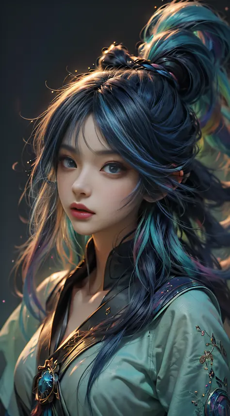 (Anime Girl + Long Hair + Portrait), (Color Hair + Rainbow: 1.5 + Cosmic Hair: 1.2), (Beauty + Fantasy + Anime Style), (8K Wallp...