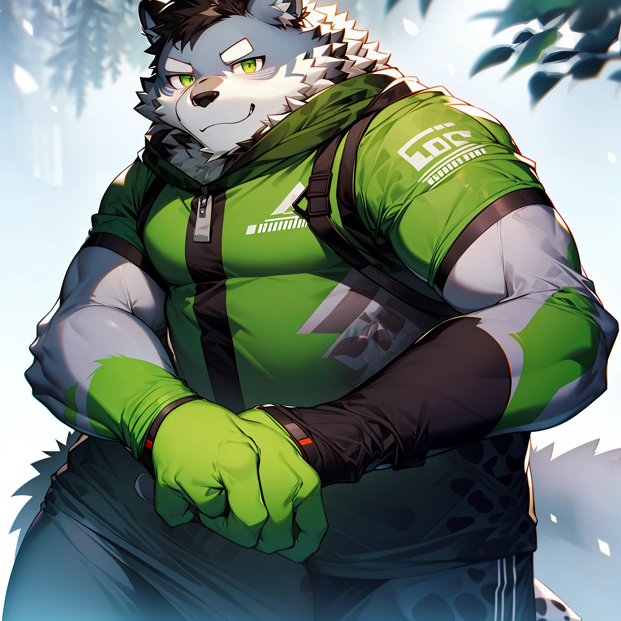 Snow leopard, furry, fluorescent green pattern, black hair, muscles