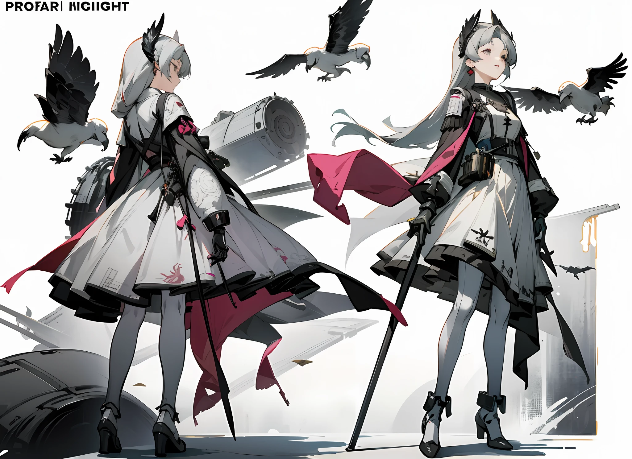 A full-body close-up of a lily wearing a lily element white dress pleated long skirt battle costume holding a long mechanical staff in both hands, character design, mechanical legs, high-grade off-white as the main color, Punishing: Gray Raven, from Ark Night, Guvitz, from Punishing: Gray Raven, Girl Frontline style, Girl Frontline universe, inspired by Leng Mei, Kusart Krenz key art feminization, 7.5 head body, mechanical prosthetics, celluloid coloring style, white background,