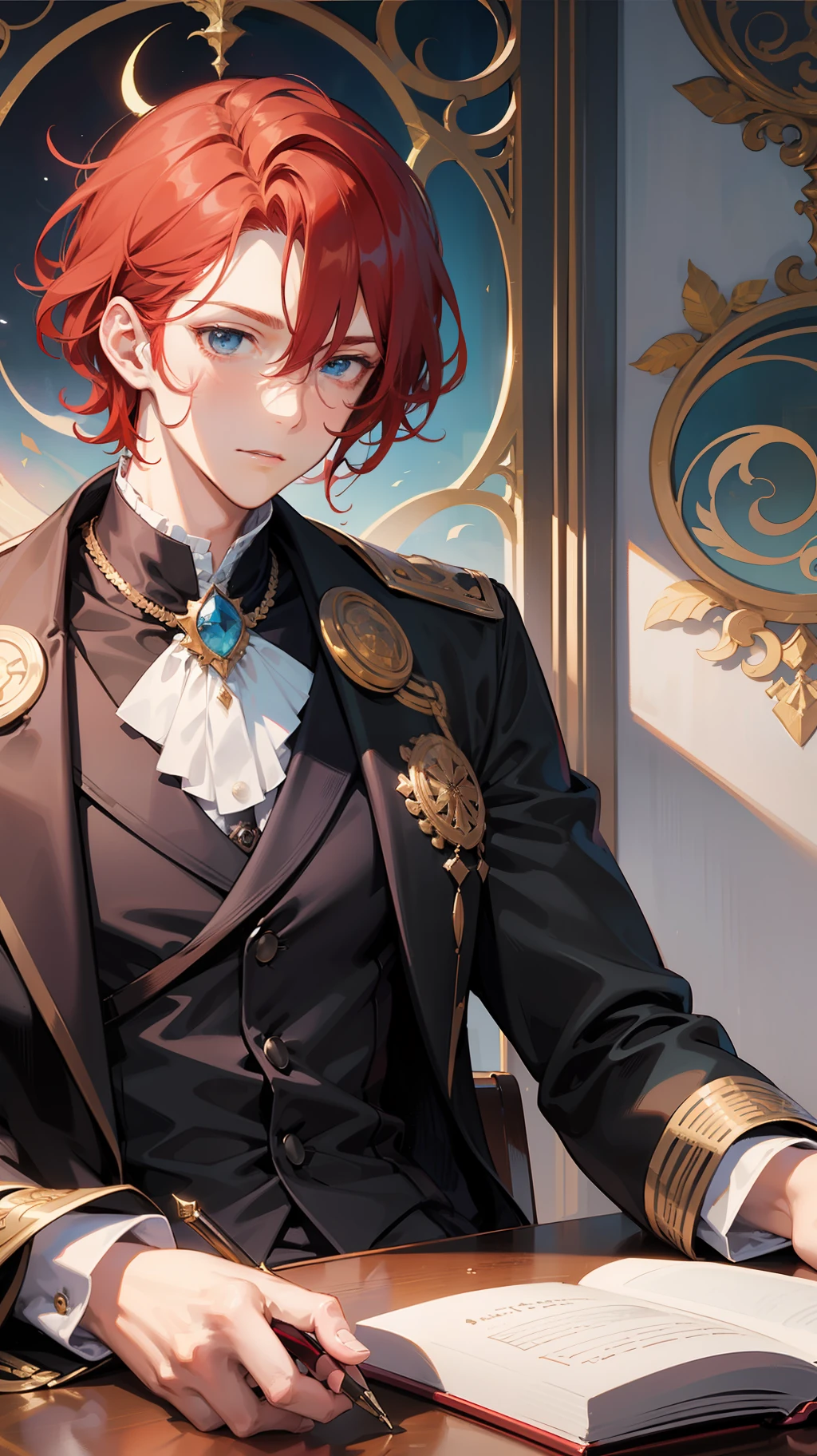 (1 man), (young red haired man), (short wavy hairstyle), wearing black regal outfit, sitting on the round table, looking at the camera, handsome young man, nobelish look, masterpiece artwork, light novel cover art illustration, soft sun lighting