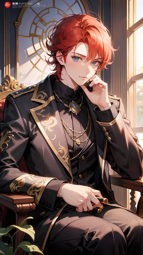 (1 man), (young red haired man), (short wavy hairstyle), wearing black regal outfit, sitting on the round table, looking at the ...