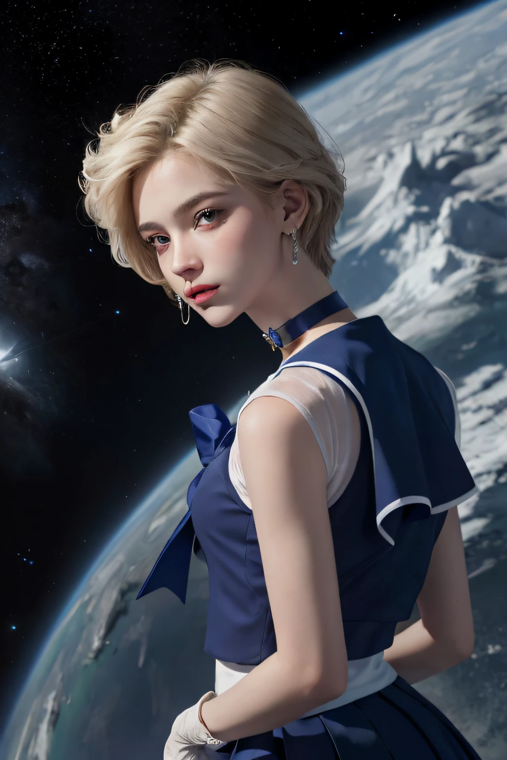 ((HD Real, SAMA1 level)), Extreme Real, Masterpiece, Best Quality, High Definition, SAMA1, Space, Stunning Beauty, Upper Body Shot, 1 Woman, Chest, Gloves, Lips, Solo, Sailor Uranus, Masculine Beauty, Dark Blue Eyes,  Uniform, mer1, Tiara, Sailor Senshi Uniform, (RAW photo, highest quality), Masterpiece, Pale Blonde, Dark blue sailor color, bow, choker, white gloves, dark blue choker, elbow gloves, jewelry, earrings, dark blue skirt, sole, full body, pale blonde berry short hair, (perfect hands): 3.8, octane rendering, goddess of Uranus, (close-up: 1.2) finely detailed beautiful eyes, close-up, small eyes, look at the viewer, to8contrast style, octane line art, space background, Uranus, slashing effect, dark blue, cold gaze, no makeup, expressionless, lowered hand