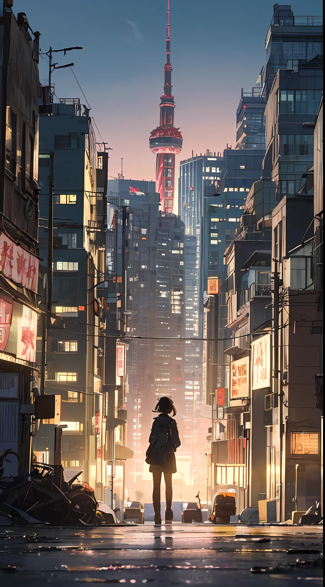 Ein dystopischer Hoffnungsschimmer, eine Wanderung durch die dunkle Stadt Shanghai, der Schatten des Rückens eines kleinen Mädchens im Hintergrund in der Mitte des Bildschirms, ein sehr komplexes Stadtbild, eine zerstörte Welt, eine ziehende Komposition, Industrie,