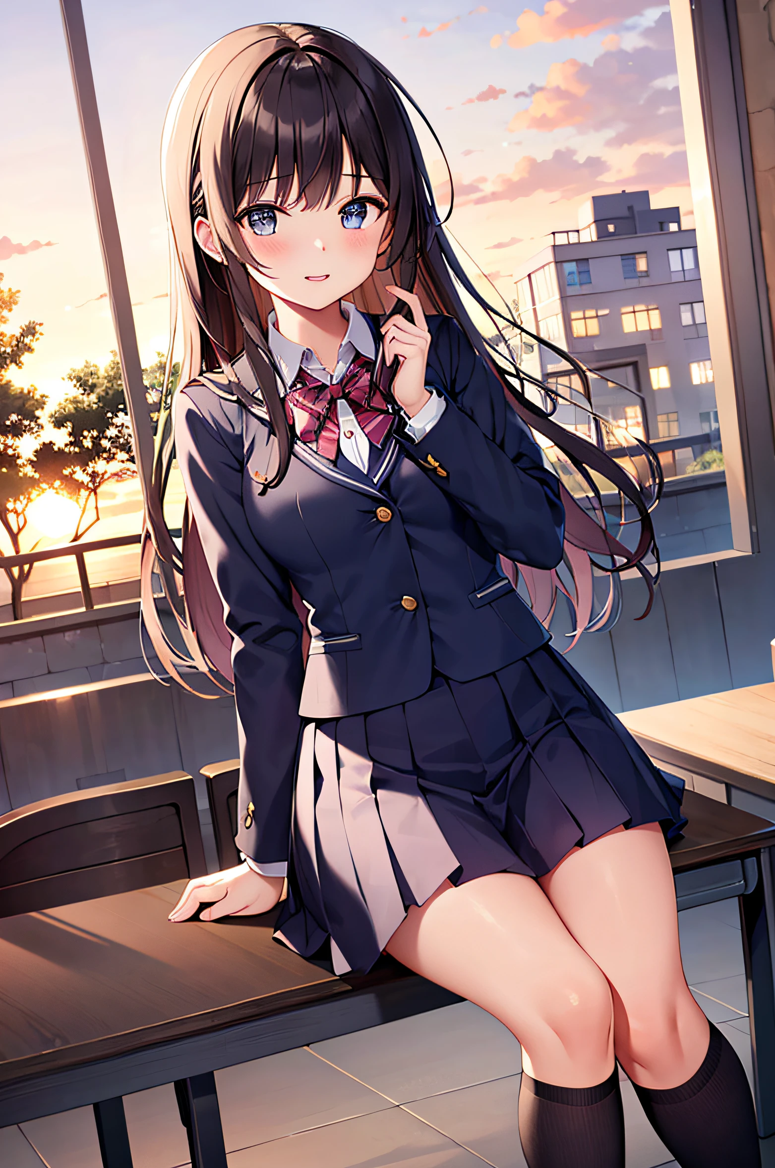 {masterpiece}, {highest quality},1 girl,school_uniform,sunset