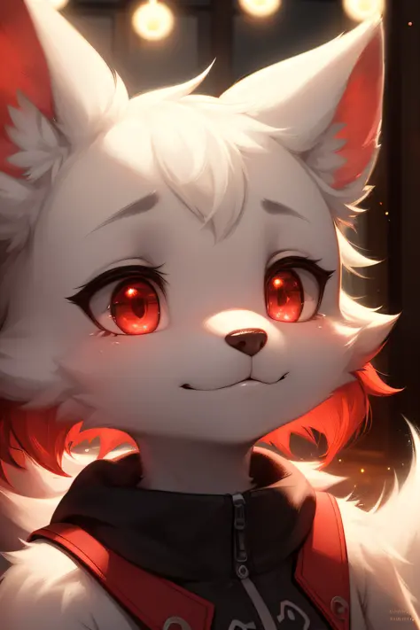 furry, white fur, ultra cute face, red elements on fur, beautiful lights and shadows, ambient light, ultra detailed fur, volumet...