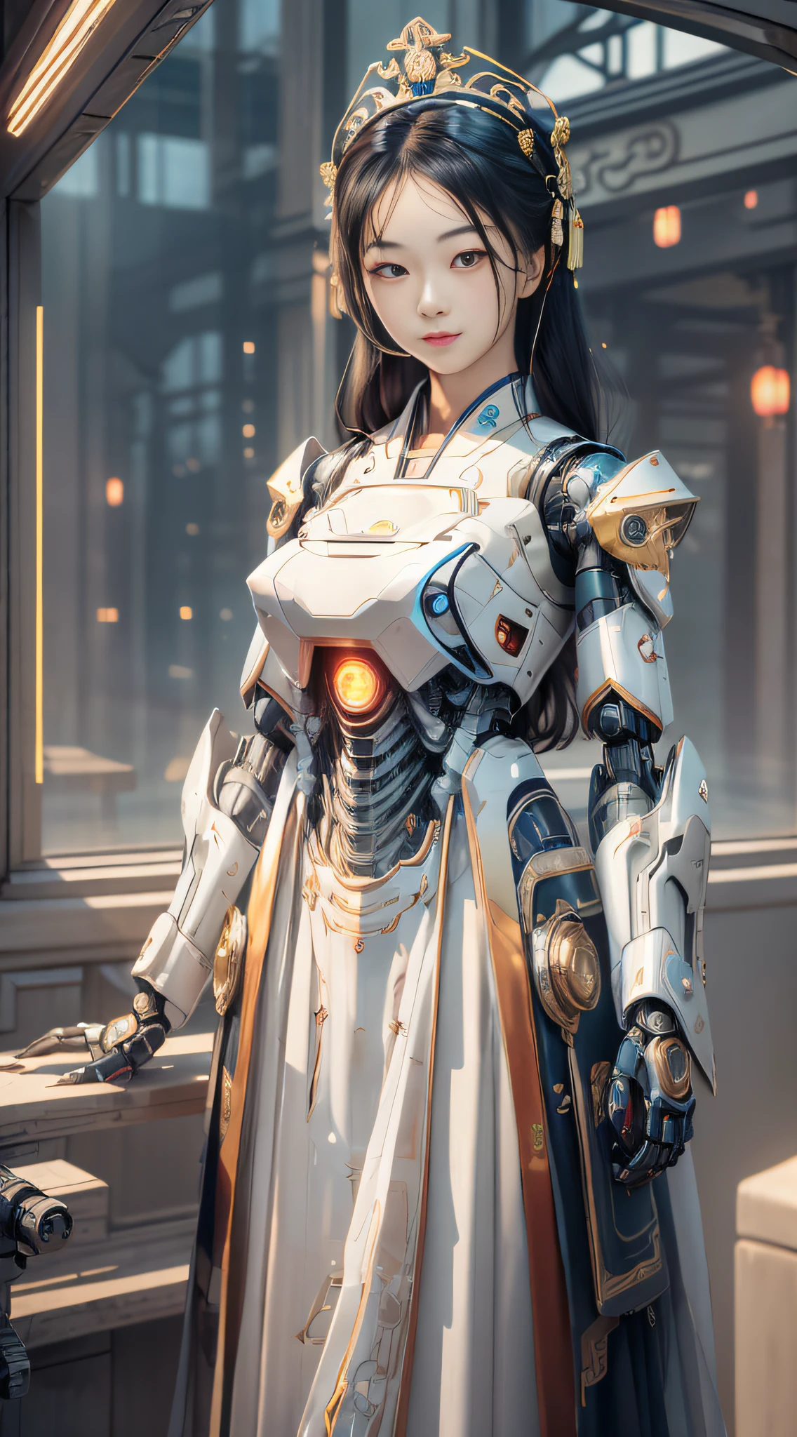 Une fille regardant le public, cheveux noirs, Chinoise, coiffure, Ornement de cheveux chinois, yeux parfaits, (des yeux avec des proportions correctes: 1), (hanfu: 1.1), (mecha: 1.3), Bras robotique, (la magie: 1), devant, la magie elements, (tout le corps: 1.5), (fond simple: 1.1), fond clair, futuriste, vue à la première personne, Point de vue, Panorama, Ultra HD, chef-d&#39;œuvre, précis, Anatomiquement correct, Détails élevés, (Meilleure qualité: 1.5), haute résolution, 8k, visage parfait proportions, Corps droit, Beaux yeux, visage parfait, Visage détaillé, élégant, écran technologique, Scène d&#39;intérieur, fenêtre, Bâtiment à l’extérieur de la fenêtre, bâtiment à écran lumineux, Ville du futur,