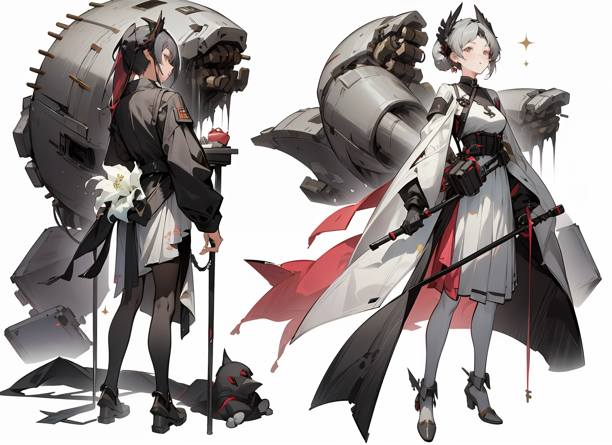 A full-body close-up of a lily wearing a lily element white dress pleated long skirt battle costume holding a long mechanical staff in both hands, character design, mechanical legs, high-grade off-white as the main color, Punishing: Gray Raven, from Ark Night, Guvitz, from Punishing: Gray Raven, Girl Frontline style, Girl Frontline universe, inspired by Leng Mei, Kusart Krenz key art feminization, 7.5 head body, mechanical prosthetics, celluloid coloring style, white background,
