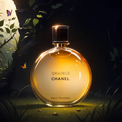 (Masterpiece, Best Quality: 1.2), (Ultra Detailed), (Illustration), Wallpaper, Original, Round Bottom Flask, Grass, Vine, Water, Butterfly, Nature, Shiny, Surrounded by Light, A Perfume Product, RPG Style, Cartoon, Fantasy, Mobile Game, (Shiny)